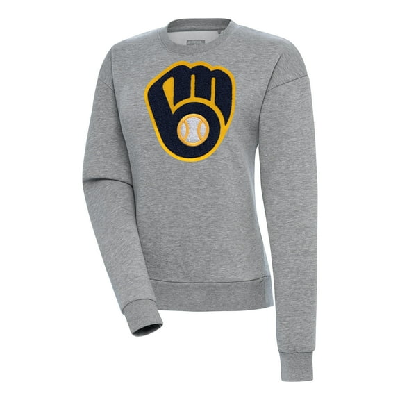 Women's Antigua  Heather Gray Milwaukee Brewers Victory Chenille Pullover Sweatshirt