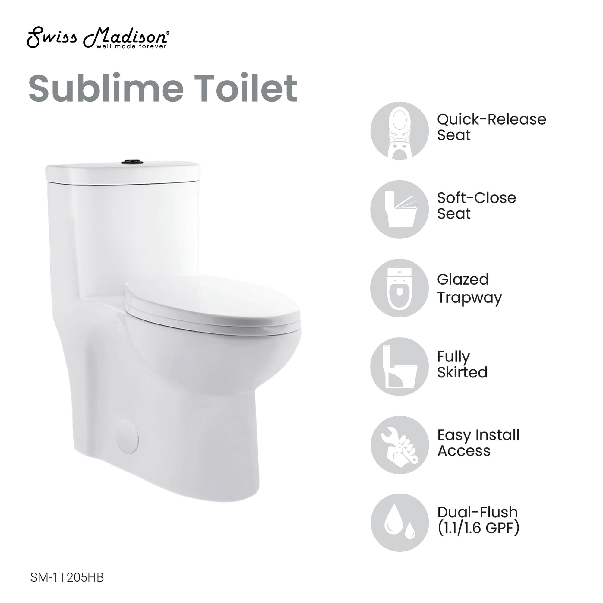 Sublime One Piece Elongated Toilet Dual Flush, Brushed Gold Hardware 1.1/1.6 gpf