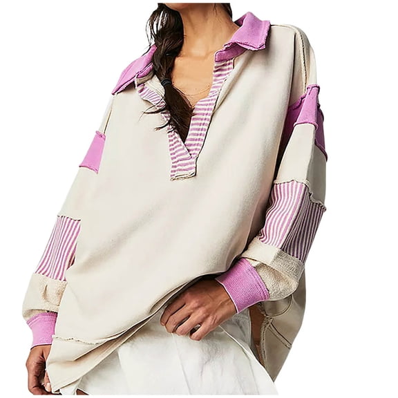 GigrtiJin Womens Color Block Oversized Sweatshirt Lightweight Lapel Collar Long Sleeve V Neck Loose Shirt Tops