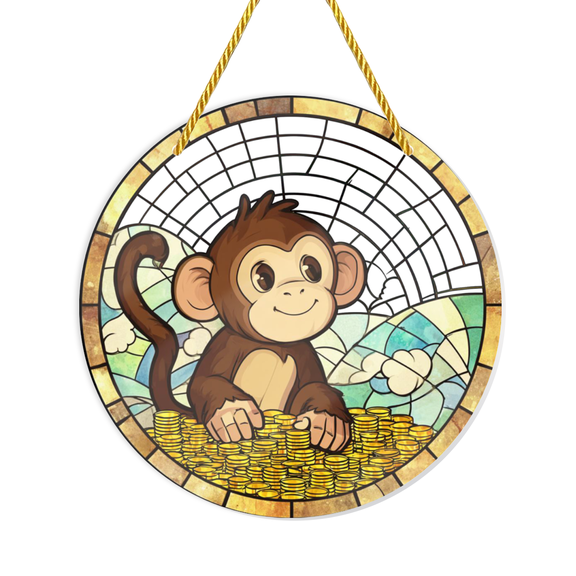 Monkey and Rainbow Golden Coin Acrylic Suncatcher, Decorative Sign and Plaque, Home Decor Hanging Ornament, Exquisite Decoration with a Lively Animal and Colorful Background, Ideal for H