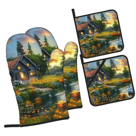 

Fotbe Cozy Cottage Lakeside Sunset for 4Pcs Oven Mitts and Pot Holders 500℉ Heat Resistant Oven Mitts Non-Slip Silicone Surface Safe for Baking Cooking BBQ