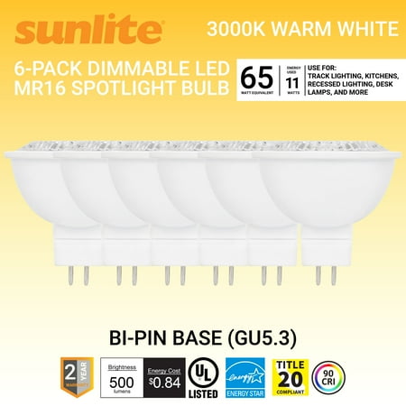 

Sunlite LED MR16 Reflector Spotlight Bulb 7 Watts (50W Halogen Bulb Equivalent) GU5.3 Bi-Pin Base Dimmable UL Listed 3000K Warm White 6-Pack