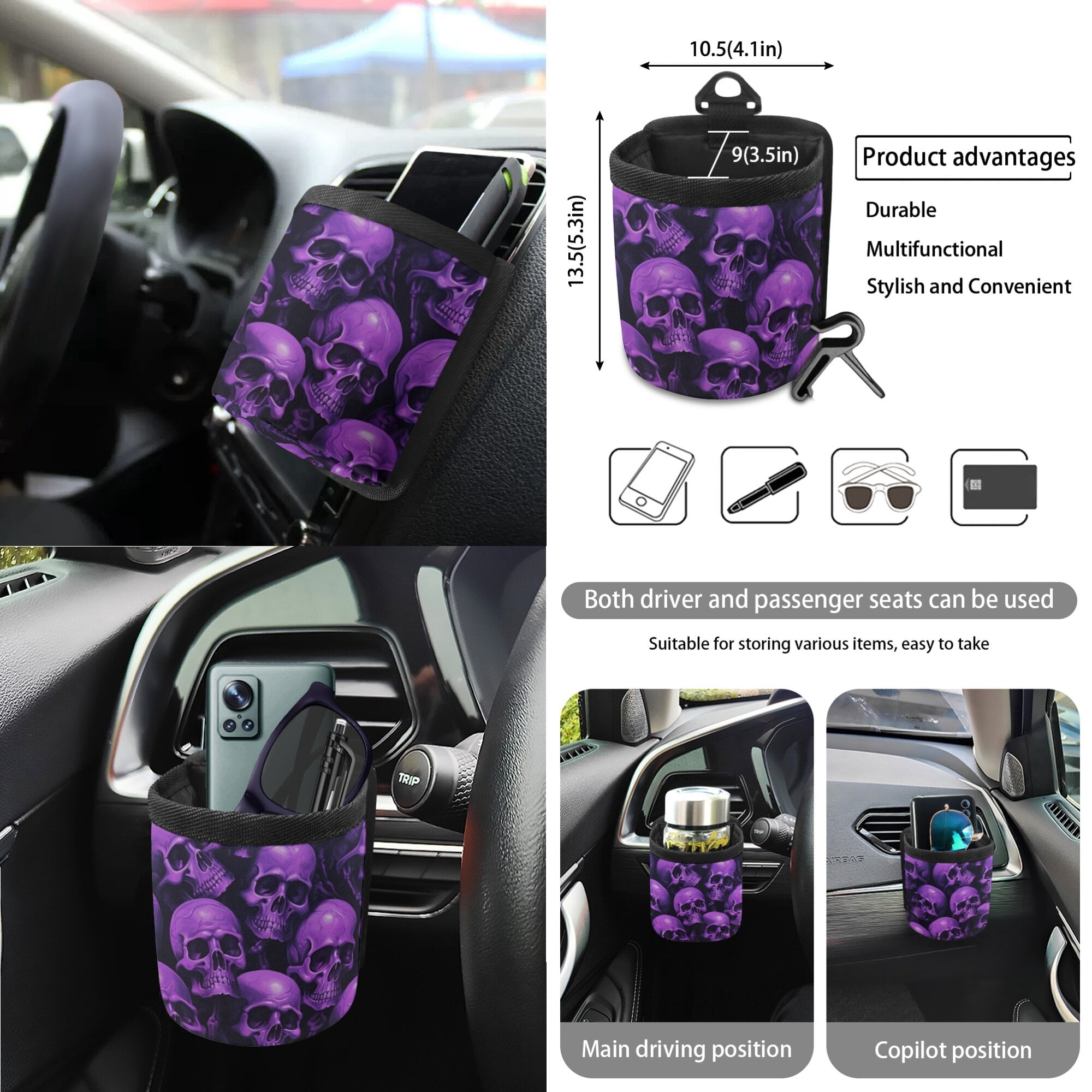 LedBack Skull Print Car Seat Covers Full Set 15Pcs Car Accessories Set Includes Front and Rear Split Bench Seat Cover Steering Wheel Cover Safety Belt Pads Rear View Mirror Protector