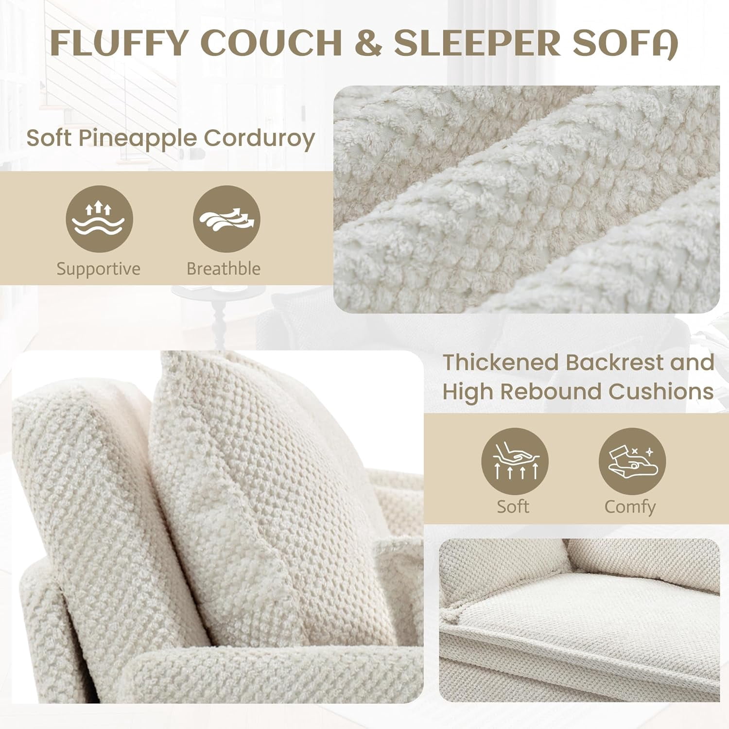 Modern Convertible Sleeper Sofa with USB Charging, Queen-size Corduroy Upholstery Sofa Bed, White