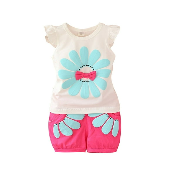 WRKEKC Summer Outfits for Girls, Casual Sets for Little Girls, Summer Girls' Two-piece Flying Sleeve Short Sleeve Shorts Casual Set