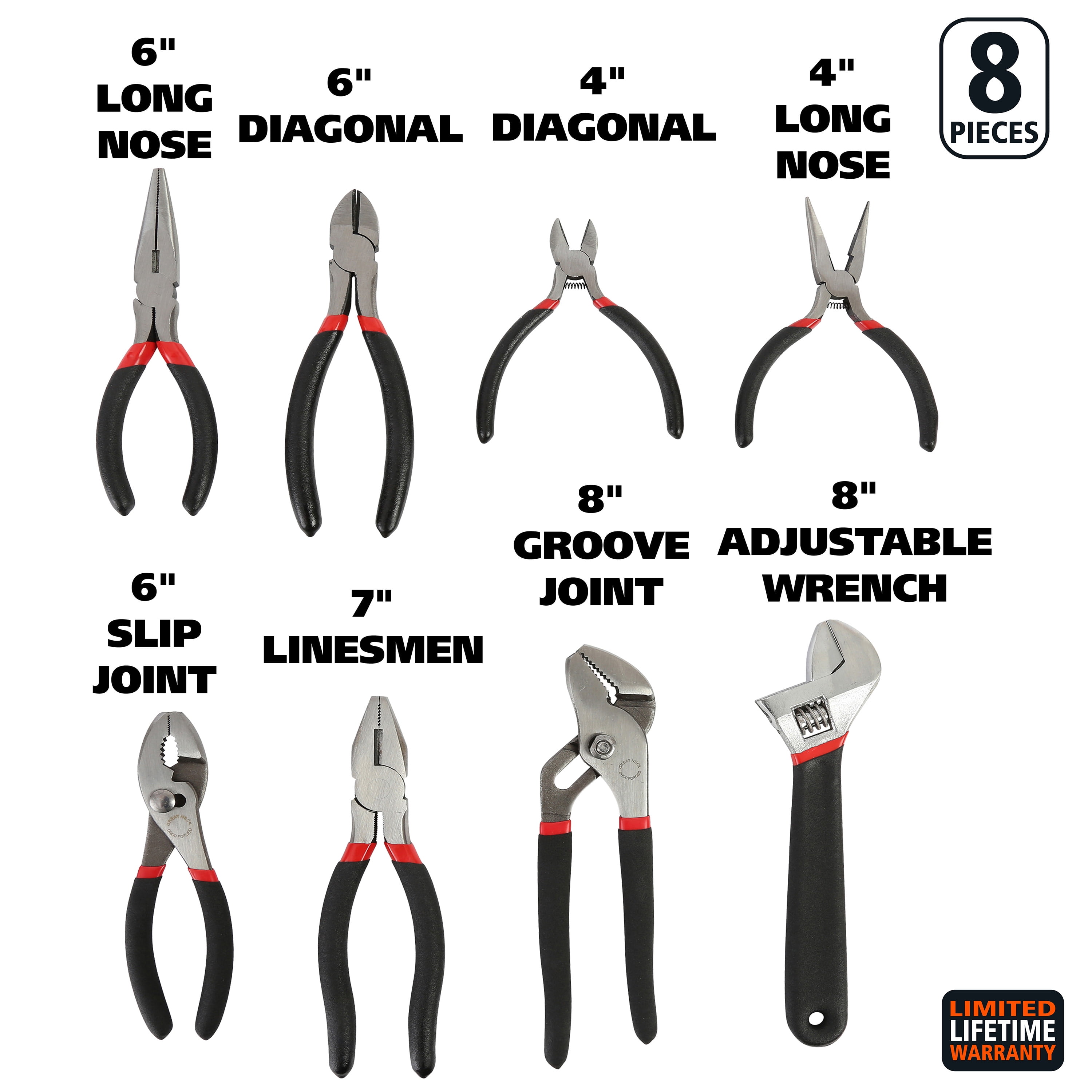 GreatNeck 8 Piece Pliers Set with Adjustable Wrench