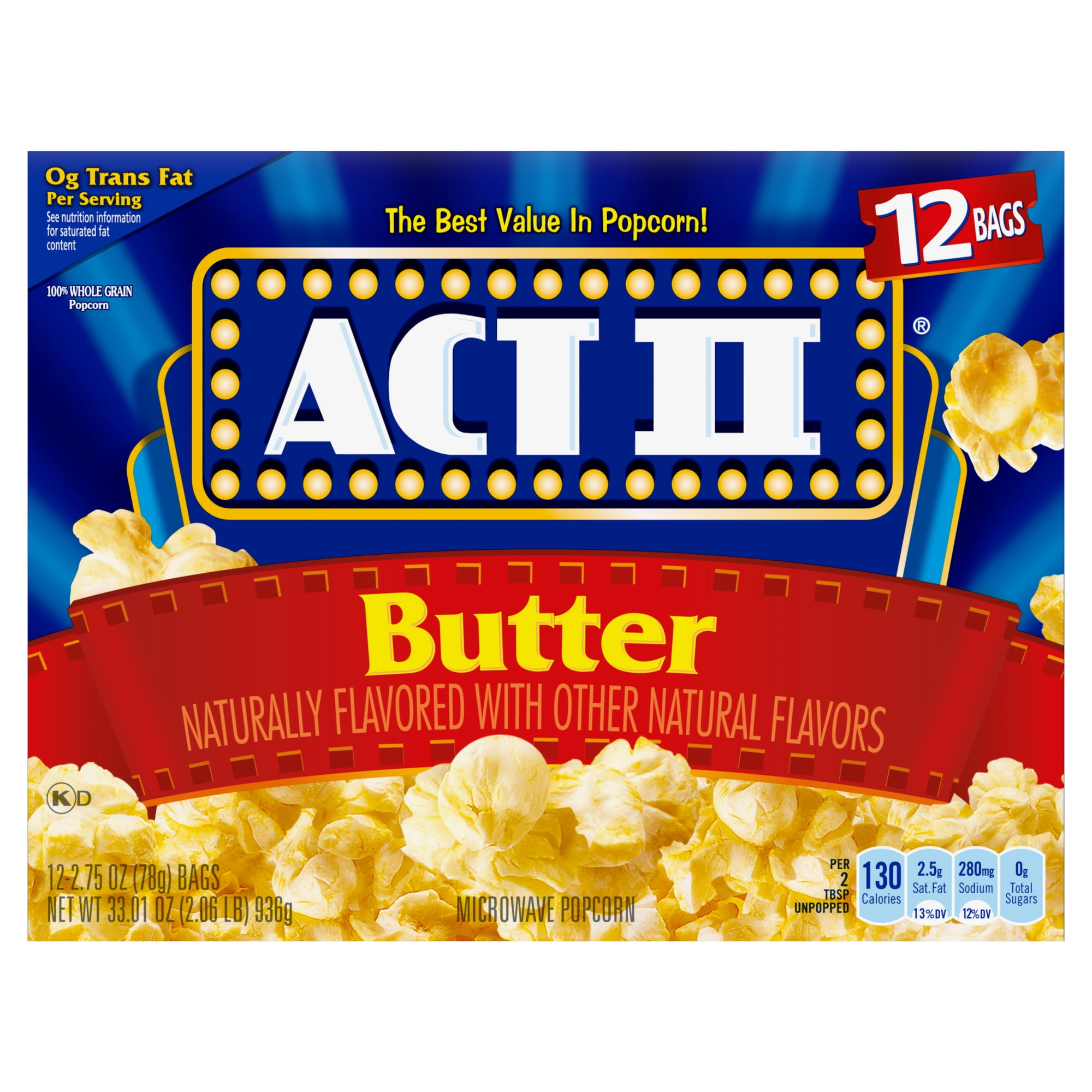 Act II Butter Microwave Popcorn, Butter Popcorn, 2.75 oz, 12 Count-Pack of 2