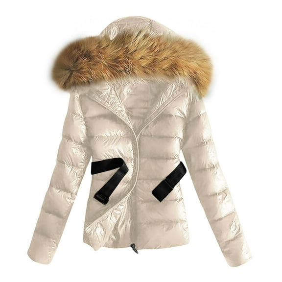 Hvyesh Women's Faux Fur Hooded Jacket Trendy Quilted Puffer Jacket Hooded Long Sleeve Zip Up Winter Coat Lightweight Warm Jackets with Pockets