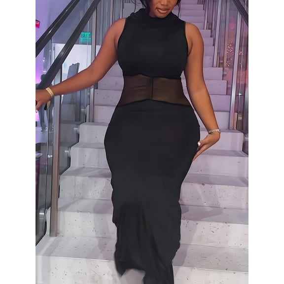 Sexy black see-through mesh patchwork half turtleneck sleeveless dress