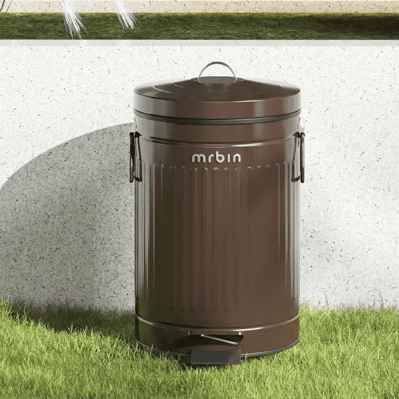 Mrbin 13L Metal Trash Can Step-on Dog Poop Garbage Can with Lid, Black Roman Stripe