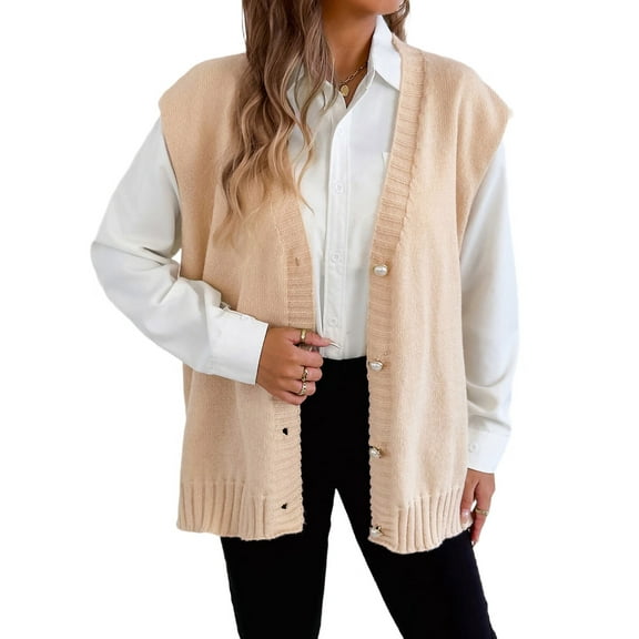 Womens Sleeveless Sweater Vest Knit V Neck Button Casual Loose Fall Winter Waistcoat Cardigan One Size