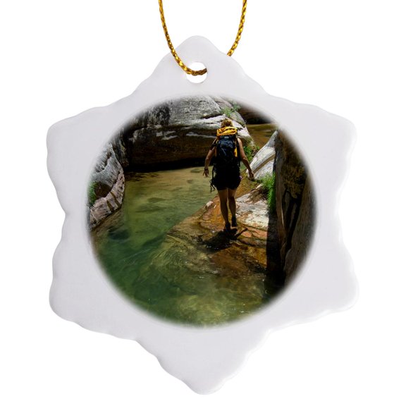 3drose, Utah, Zion Np, Hiker Swims Through the Subway - Us45 Dsv0155 - David Svilar, 3 inch Snowflake Porcelain Ornament