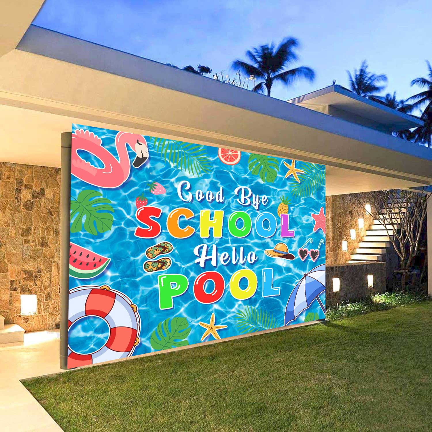 5X3ft Goodbye School Hello Pool Party Backdrop Pool Tropical Photography Background Seasonal Summer Backdrop for Indoor Outdoor Garden Themed Party Supplies Home Decorations