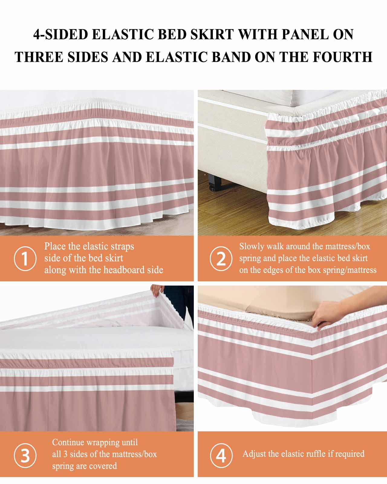 Pink Geometric Bed Skirt Queen Size 18 Inch Drop, Stripes Adjustable Elastic Dust Ruffles Bedskirt for Queen Bed Wrap Around Pleated Mattress Frame Cover
