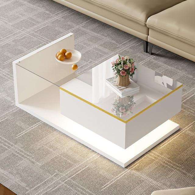 35.4 Inch High-Gloss White Coffee Table with Glass & LED Effect – Modern Side/Coffee Table for Living Room