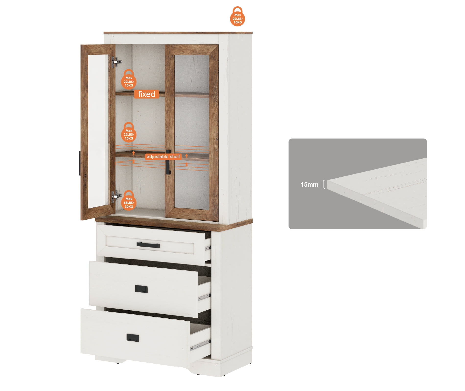 WAMPAT 3 Tier Bookcase with Drawer,73.3" Tall Floor Standing Bookshelf,Modern Farmhouse Display Storage Cabinet with Adjustable Shelves and Glass Door for Home Office,Living Room,White Oak