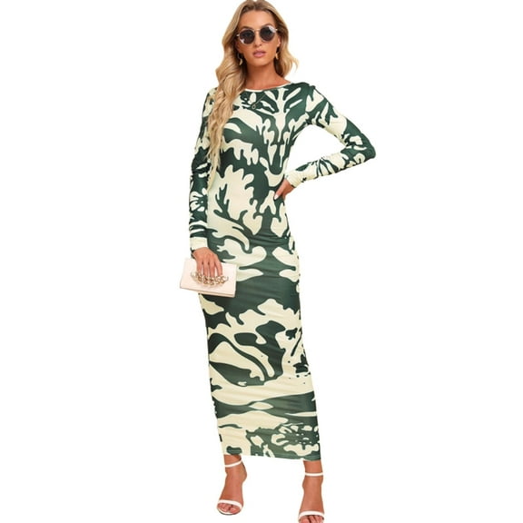 KRE Prime Women Printed Backless Long Sleeve Maxi Dress
