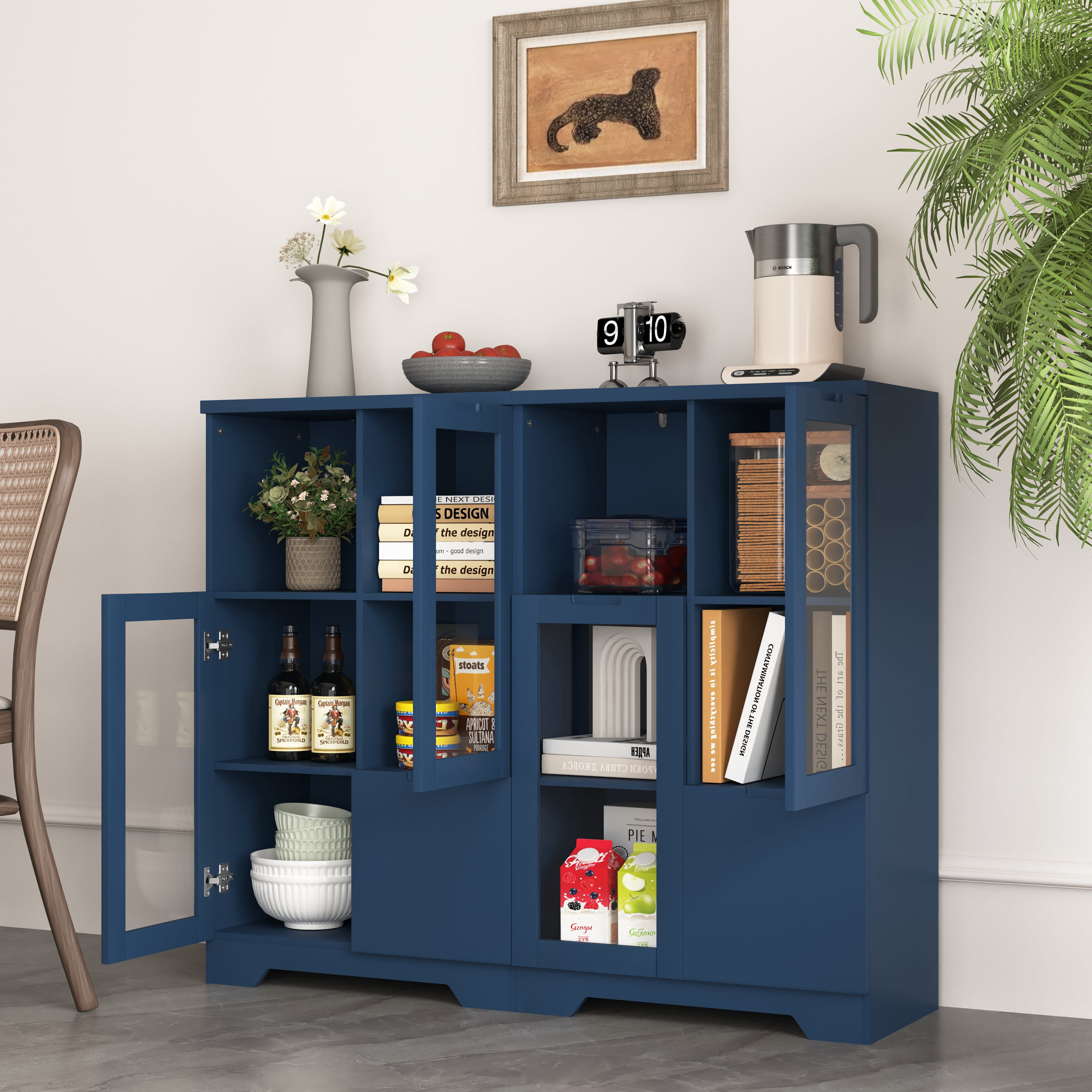 MAYEERTY White MDF Cabinet with Glass Doors & Drawer, Modern Storage Cabinet for Living Room & Bedroom, Blue