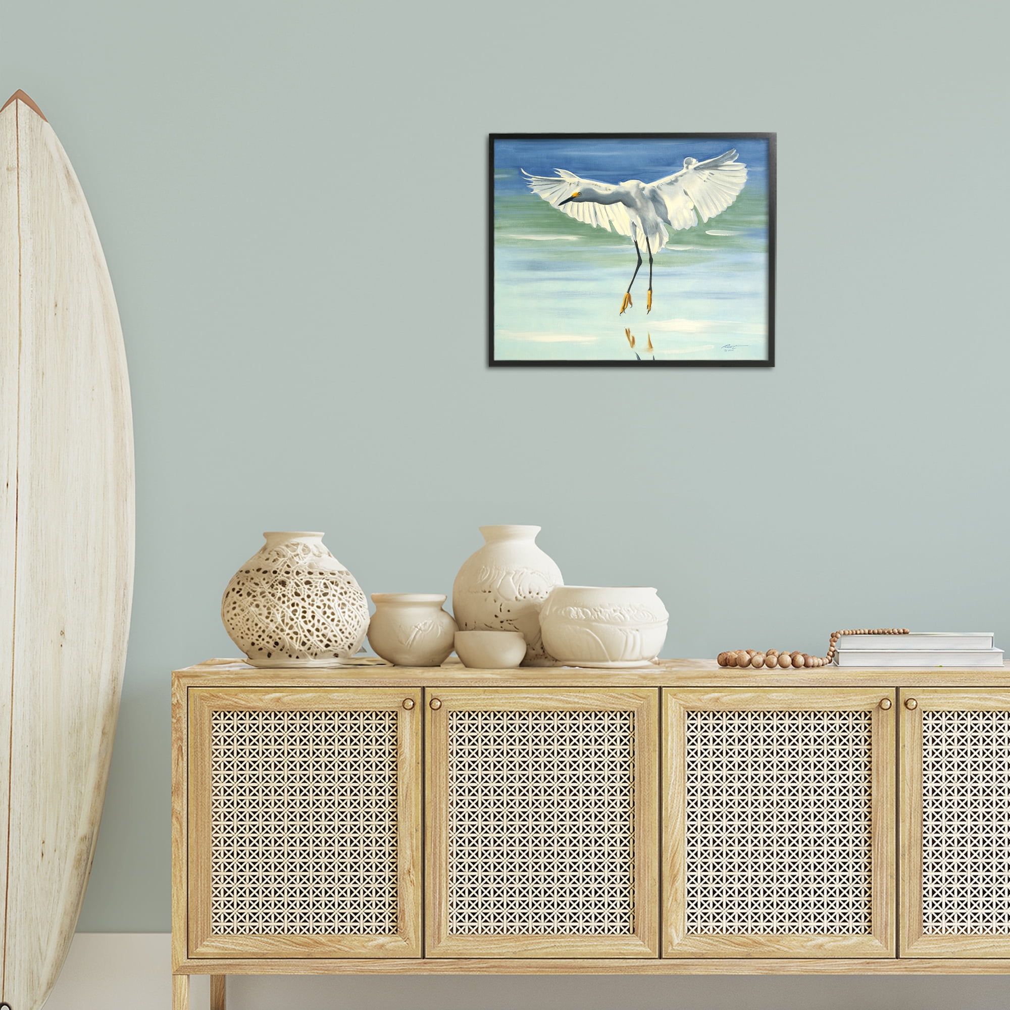 Stupell Industries Snowy Egret on Beach Animals & Insects Painting Black Framed Art Print Wall Art, 20 x 16