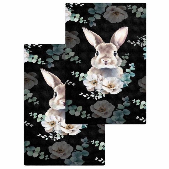 Easter Bunny Kitchen Dish Towels for Drying Dishes Set of 2, Green Eucalyptus Leaves Spring Flowers Black Waffle Weave Microfiber Hand Tea Bathroom Towels Quick Dry & Absorbent Towel 15.7x23.6