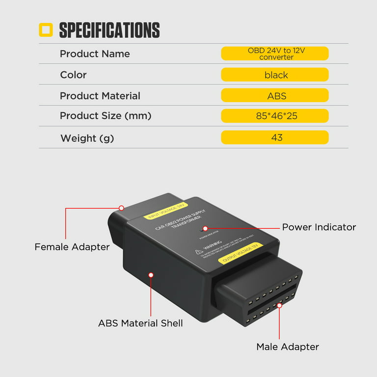 AUTOOL OBD2 Power Supply 24V to 12V Adapter, Output Voltage OBD2 Adapter Connector Tool, Size: 3.34 x 1.81 x 0.98, Black