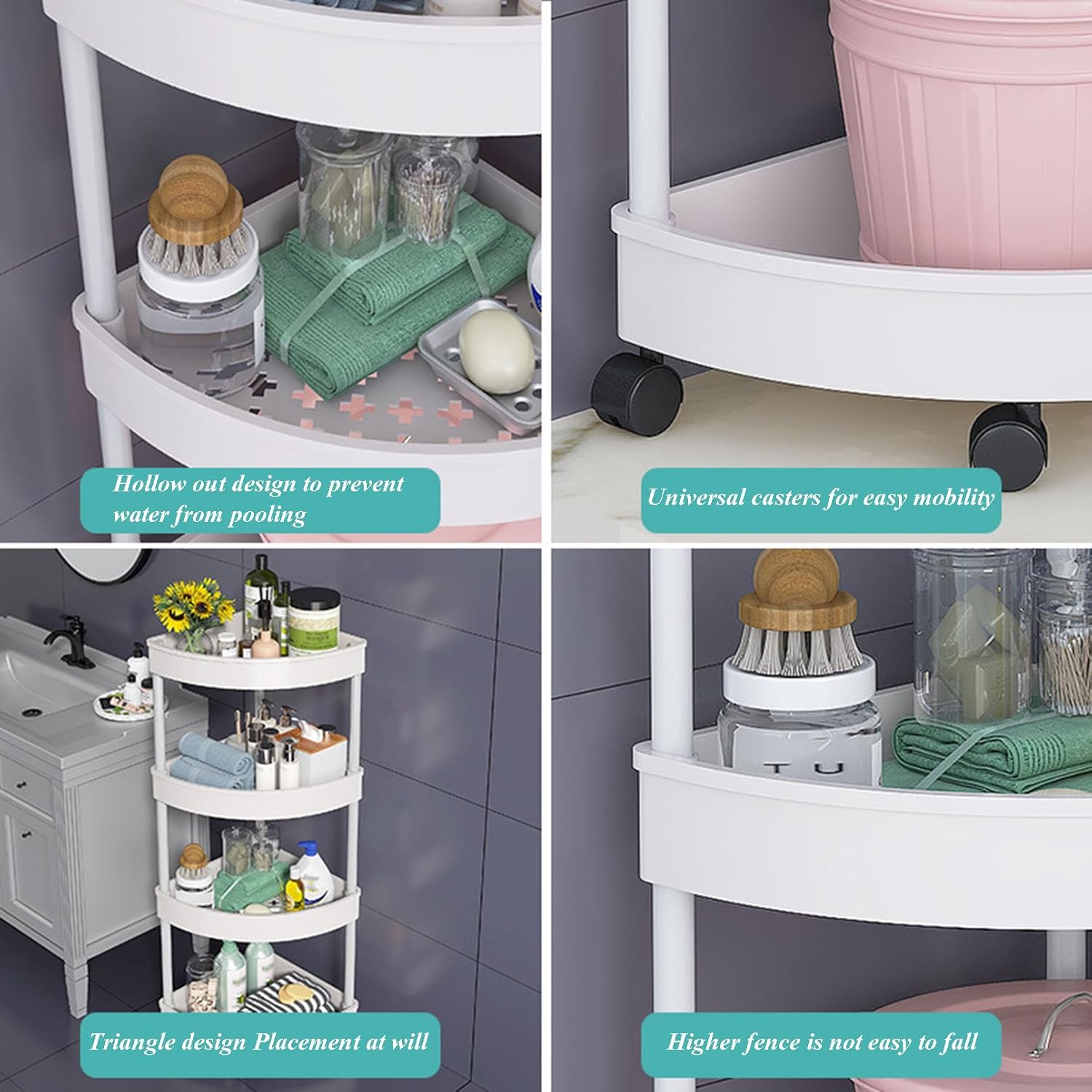 Kingfansion Four-Layer Movable Corner Rack, Plastic Bathroom Storage Shelf with Wheels, Waterproof Kitchen Organizer for Snacks/Toiletries