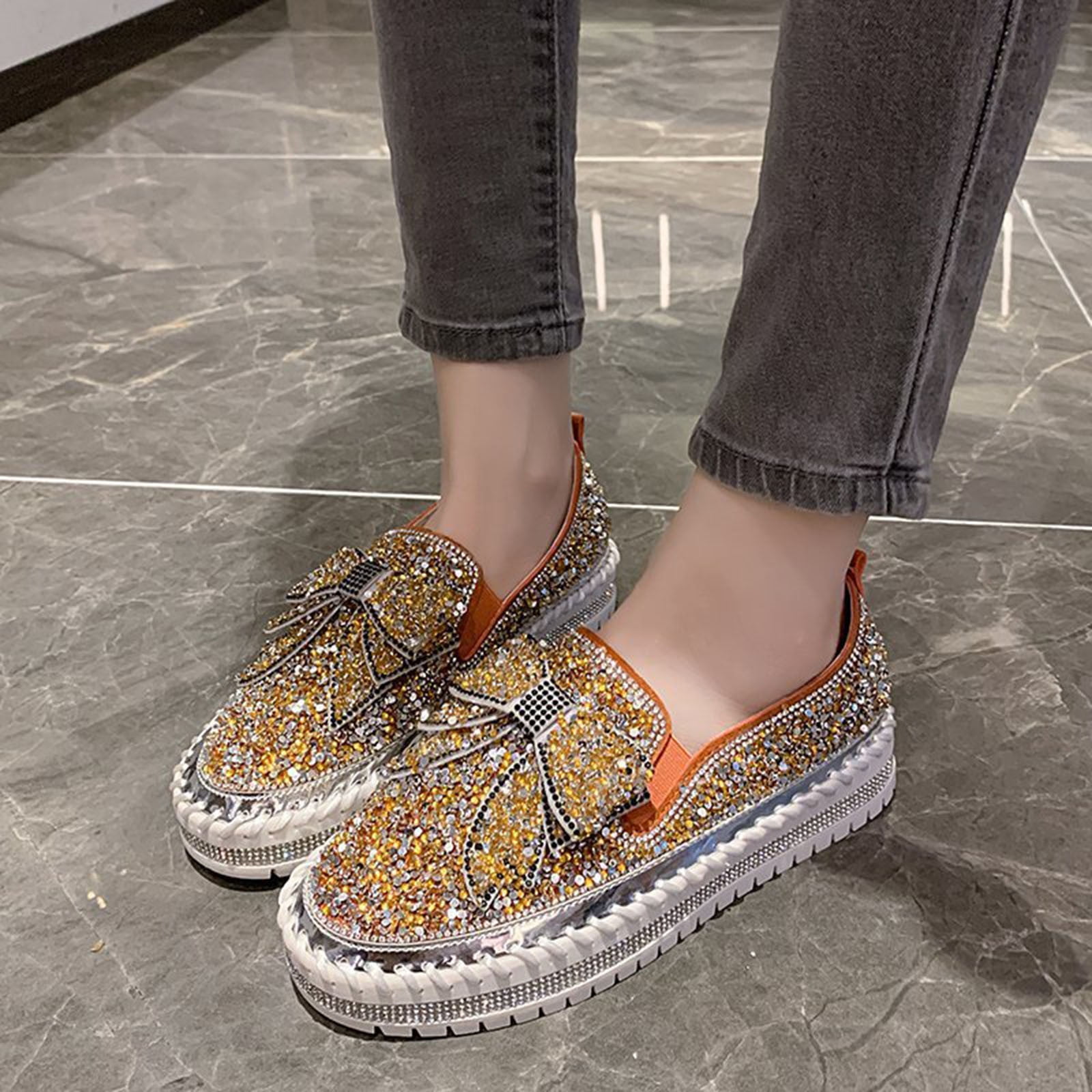 Cameland Women s Fashion Slip On Sneakers Rhinestones Glitter For Women Platform Loafers Cute Bowknot Flat Casual Shoes For Girls Walmart