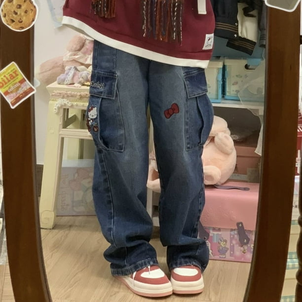 Sanrio-pantalones vaqueros de pierna ancha para mujer, sudaderas