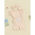 thumbnail image 3 of Bslissey Baby Girls 3Pcs Summer Outfits Short Sleeve Ruffled Romper + Elastic Waist Shorts + Bow Headband 0-18M Newborn Infant Solid Color Shorts Sets, 3 of 9