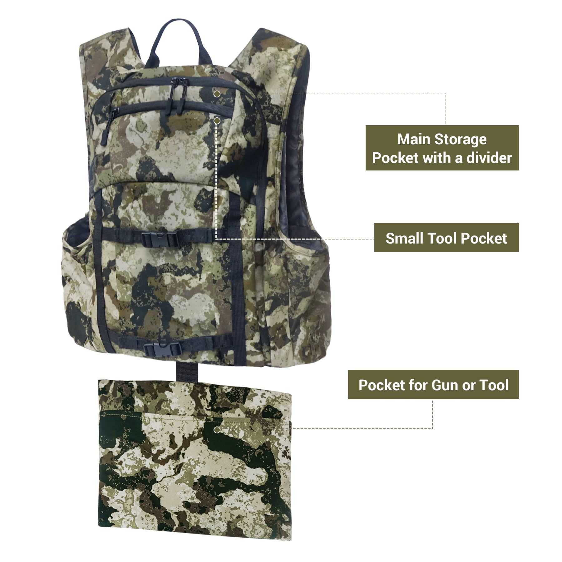 WTVIDAS Hunting Vest with Detachable Seat Cushion Camo Turkey Vest with Backpack Hunting Gear for Deer Turkey Fishing