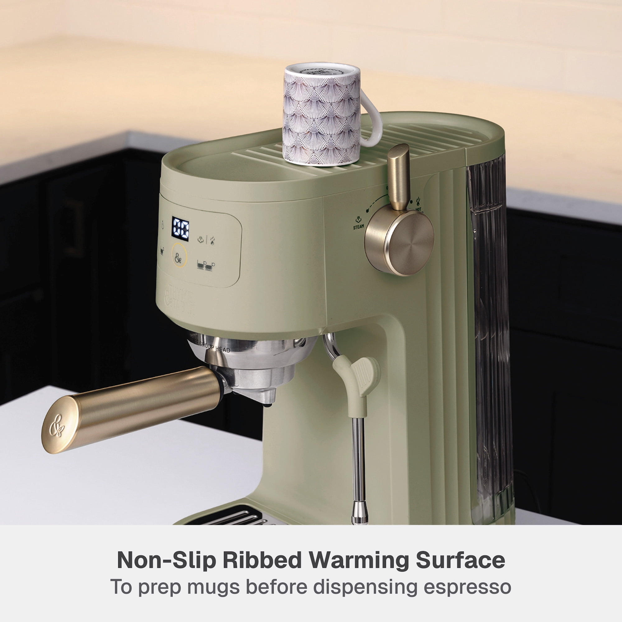 Thyme & Table Barista Mini Espresso Machine with 15-Bar Pressure and Steam Wand, Eucalyptus Green