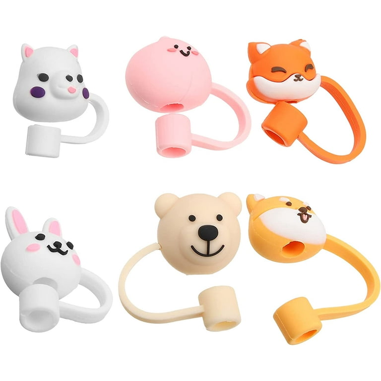 Animals Straw Tips Cover Reusable Bunny Straw Toppers 6pcs Fox Dog Bear Pig Straw Cover Plugs for Drinking Straws Easter Party Gifts Straw Caps