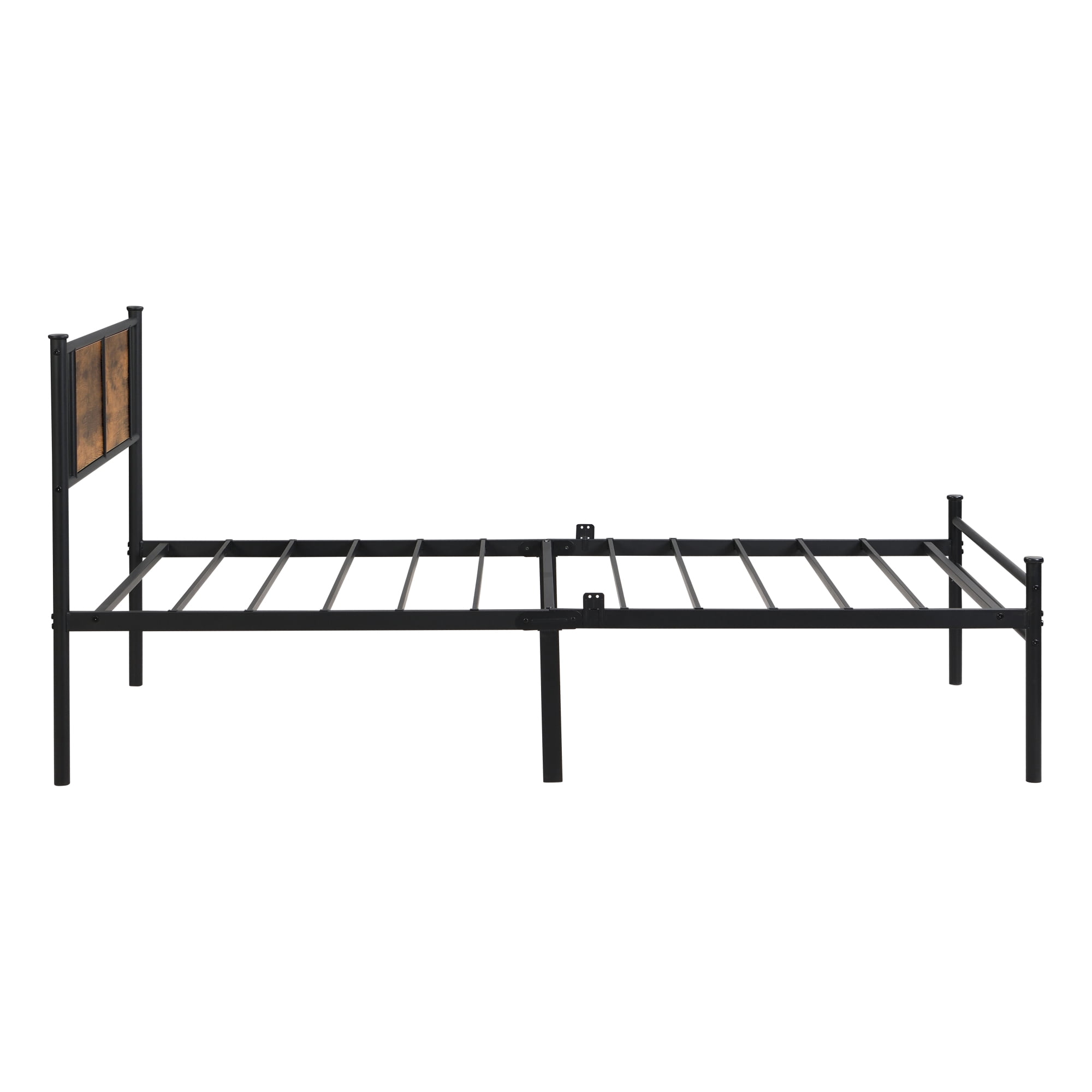 Leumius Twin Size Bed Frame, Industrial Metal Platform Bed with Wooden Headboard,Black+Brown