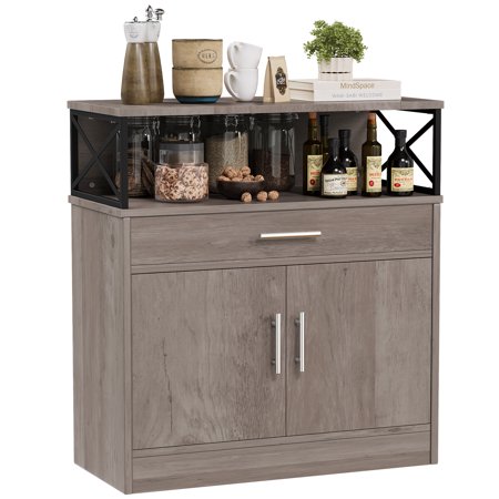 Walsunny Kitchen Buffet Sideboard Cabinet with Adjustable Shelf Wooden Storage Cabinet with 2 Doors and 1 Drawers,Modern Farmhouse Coffee Bar Cabinet with Storage for Kitchen/Living Room Brown