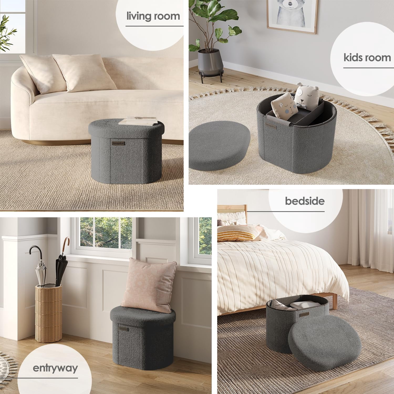 Round Ottoman with Storage for Living Room, 18 Inch Storage Ottoman, Small Ottomans Foot , Boucle Foot Stool Ottomans  330lbs,