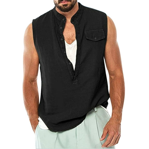 JINMGG Mens Shirts Clearance,Men Casual Solid Pullover V Neck Cotton Linen Sleeveless Pocket Tank Tops