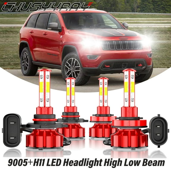 9005 H11 LED Headlight Bulbs Kit 6000K Crystal White 4Pcs for Jeep Grand Cherokee 2015 2016 2017 2018
