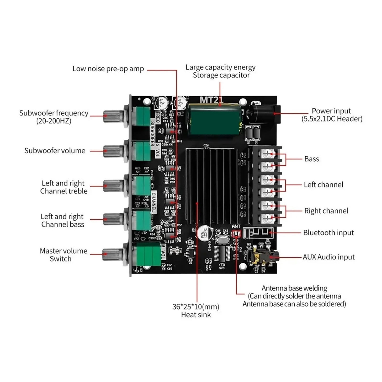 Digital Power Amplifier Board 2.1 Channel Subwoofer AUX 12V 24V Stereo Bluetooth 5.0 Bass Amplifier ,Multi Modes