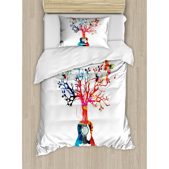 Guitar Duvet Cover Set Twin Size, Colorful Musical Composition with Guitar Tree and Butterflies Artistic Inspiration, Decorative 2 Piece Bedding Set with 1 Pillow Sham, Multicolor, by Ambesonne