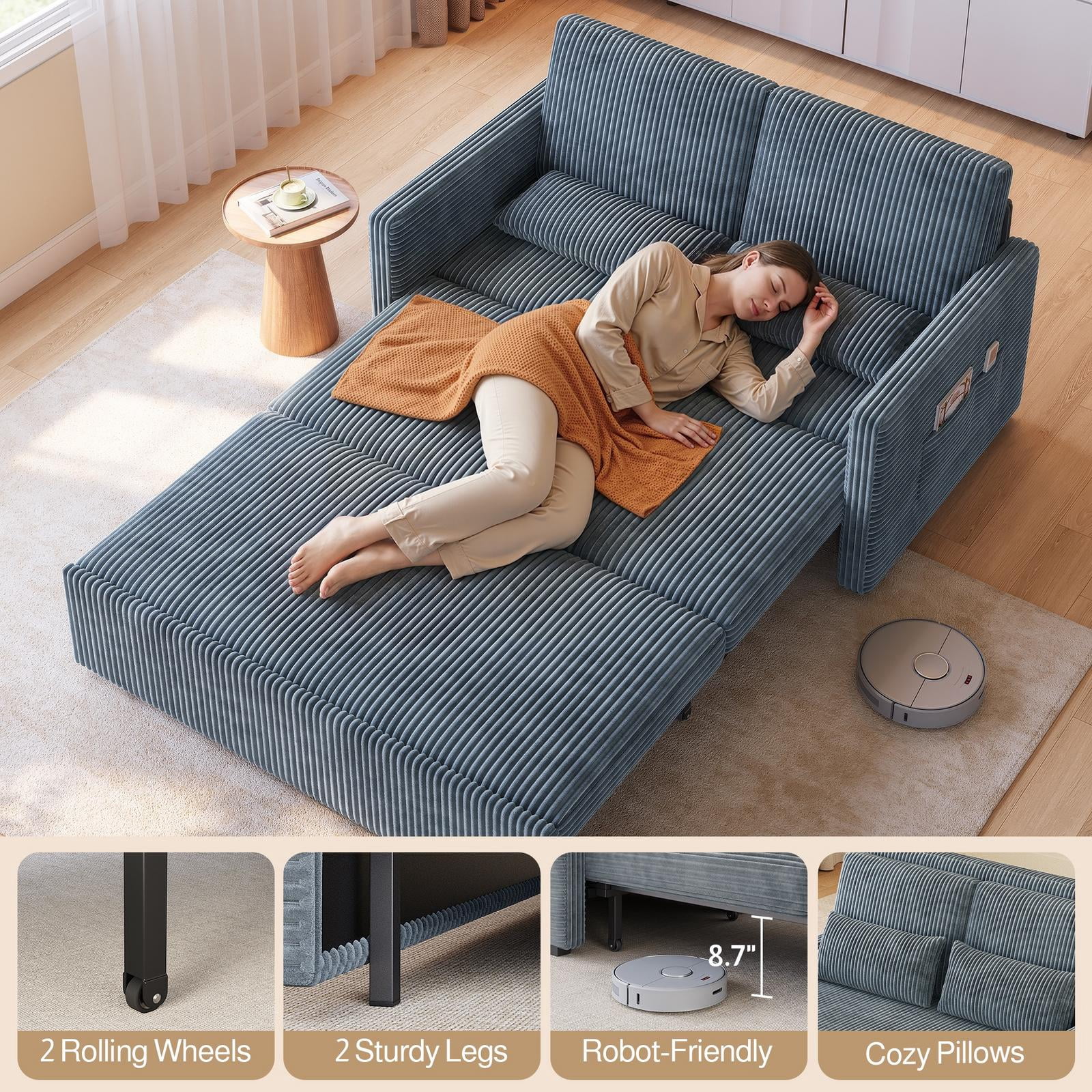 Noelse 3 in 1 Convertible Sofa Bed, Pull Out Sleeper Sofa Chair with Corduroy Upholstery, Space-Saving Loveseat Sleeper Bed for Living Room, Bedroom, Apartment, Dark Gray