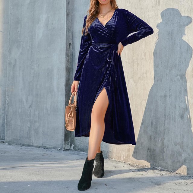 Gspmoly Robe d'Été, Robe à Manches Longues pour Femme à Col en V, Style Élégant, Ajustée, Taille Haute, avec Gants, Robe, Robes de Soirée pour Femmes, Offres Prime
