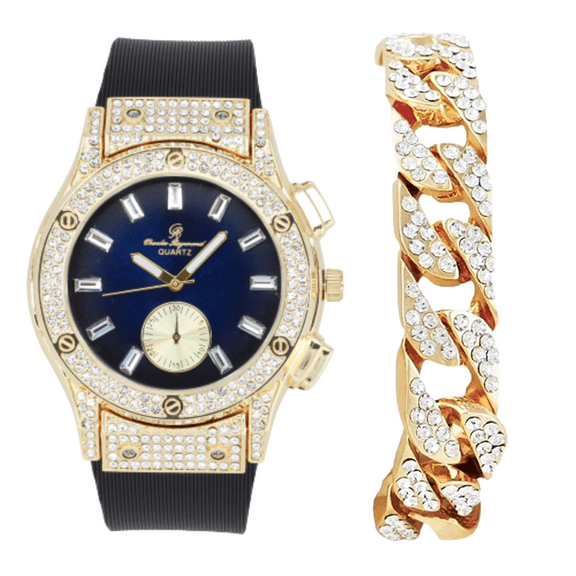 Charles Raymond Big Bling Watch Inspired by Hip Hop - Men's Iced Out Timepiece- Diamond Rhinestones on Blast - ST10311 SB GLD Blue -C