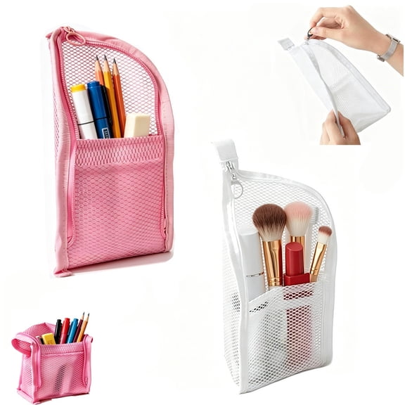Liyquint 2Pcs Standing Toiletry Bag, Foldable Clear Hanging Travel Cosmetic Bag, Large Capacity Waterproof PVC Organizer for Toothbrush & Toiletries (Pink White)