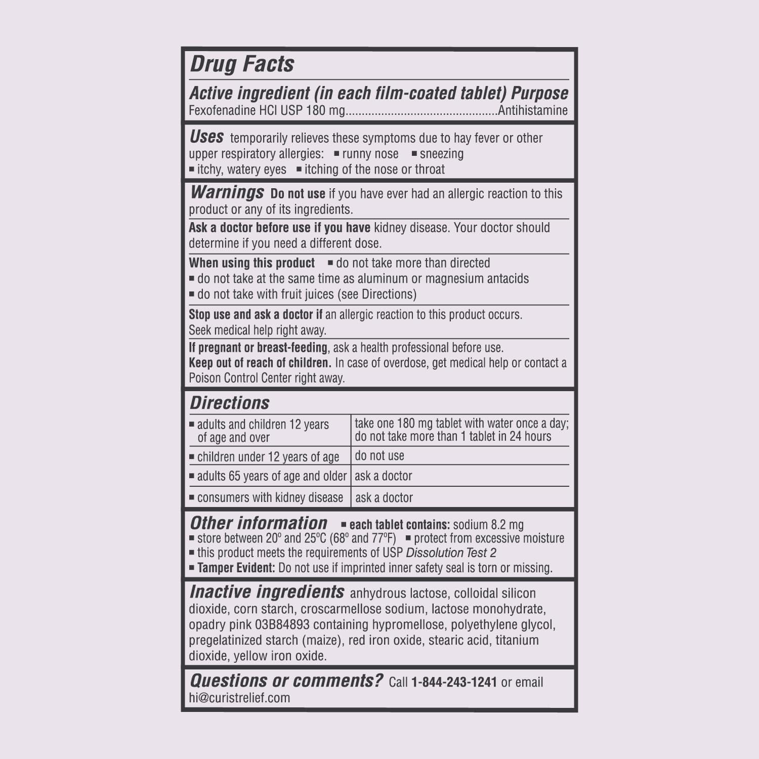 Curist Fexofenadine Hydrochloride 180mg Antihistamine Allergy Relief Tablets 24 Hour 300 Ct