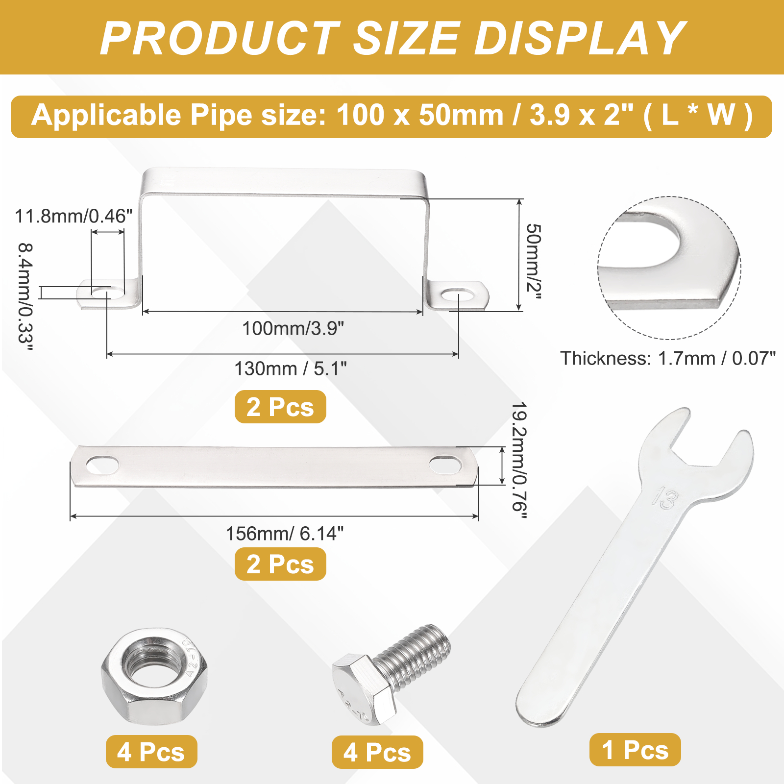 Uxcell 2Pcs U Shape Square Tube Clamp, 100x50mm U Shaped Bracket 304 Stainless Steel Square Strap Clamp with Bolt Plate Nuts and Wrench for Pipes Door Closed Bar Holder Railings