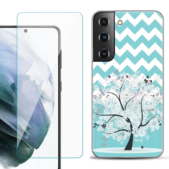 Slim-Fit TPU Fashion Phone Case for Samsung Galaxy S22 5G, with Tempered Glass Screen Protector, by OneToughShield ® - Chevron/Tree