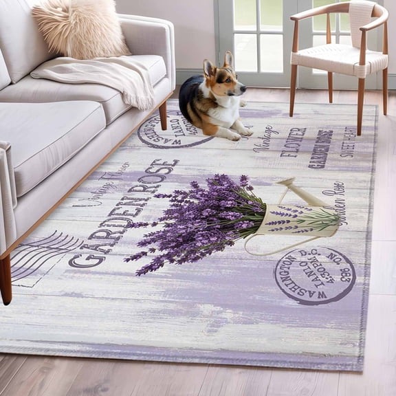 3'x5' Rug for Living Room Bedroom, Purple Lavender Washable Area Rugs Non-Slip Carpet Mats, Vintage Farmhouse Rustic Floral Wooden Grain Indoor Low Pile Area Rug Runner for Kitchen, Mudroom