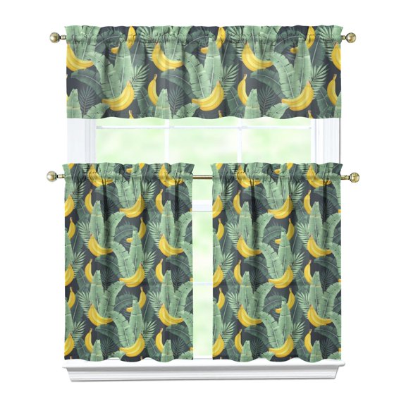 Kitchen Curtains 36 Inch Short - 3 Panel Set Banana Print, Rod Pocket Window Curtains 100% Polyester, Tropical Fruit Valance for Farmhouse, Cafe, Living Room, Bedroom, Easy Wash