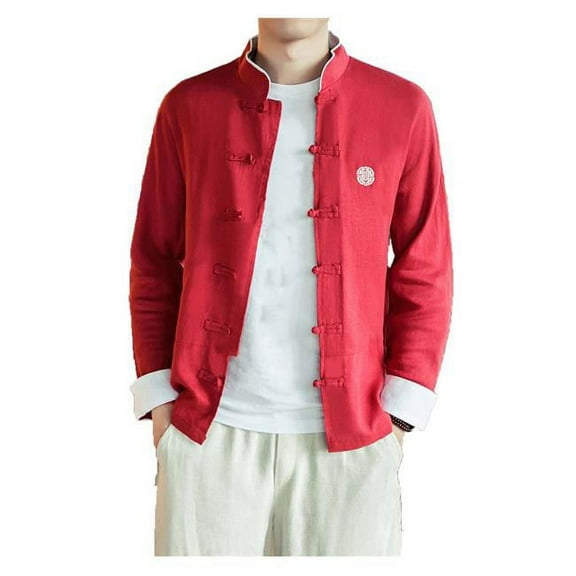 Panda Superstore  No.4 Standing Collar Cotton & Linen Chinese Long Sleeve Kungfu Cloth Outerware Mens Shirt, Red