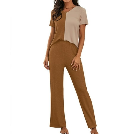 

MIARHB Outwear New top and pants Casual Suit Home Wear Stitching Short-Sleeved V-Neck Tops Pants Women